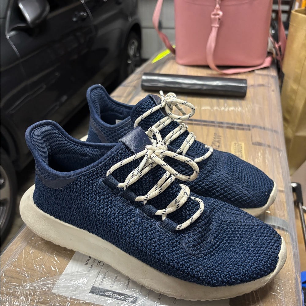 Navy Blue Knit Sneakers with White Soles